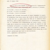 Accordo tra la ditta Calzoni e la Fiom-Cgil, Fim-Cisl, Uilm-Uil, 10 luglio 1968. Associazione “P. Pedrelli”-Archivio Storico della Camera del Lavoro di Bologna, Fondo Fiom-Cgil Bologna.